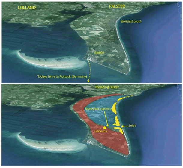 Top image shows the modern landscape. Bottom image shows geography during the Little Ice Age with Rostocker Harbour open. The area marked in yellow shows a chain of barrier islands, with the blue area below sea level and at that time covered in sea.
