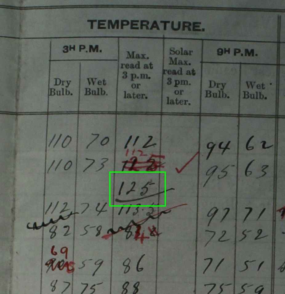 Exhibit 1. Photograph from log book of temperature recording as made at Bourke post office in January 1909. Photograph taken by Jennifer Marohasy at National Archives of Australia, Chester Hill reading room, on 26 June 2014.