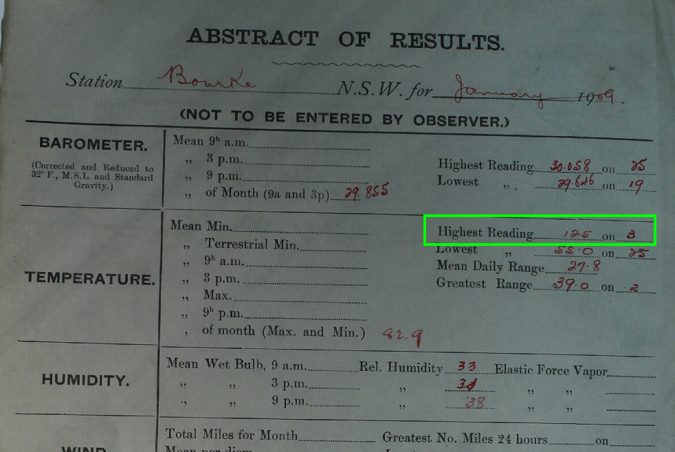Exhibit 2. 'Abstract of Results' page from the log book. Photograph taken by Jennifer Marohasy at the National Archives of Australia, Chester Hill reading room on 26 June 2014.